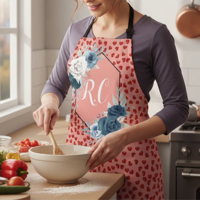 Chic Monogrammed Red Heart & Blue Flower on Pink Apron (Creator Uploaded)