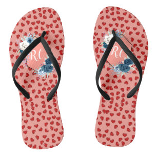 Chic monogrammed red heart blue flower on pink jandals