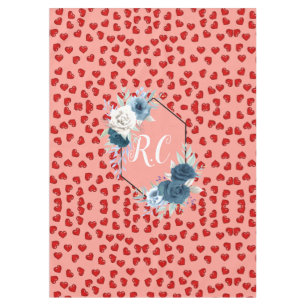 Chic monogrammed red heart blue flower on pink tablecloth