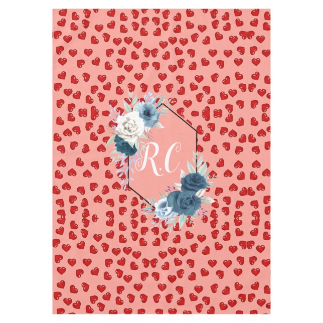 Chic monogrammed red heart blue flower on pink tablecloth (Front)