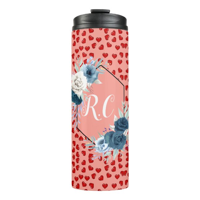 Chic monogrammed red heart blue flower on pink thermal tumbler (Front)