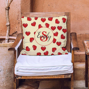 Chic monogrammed red hearts on yellow cushion