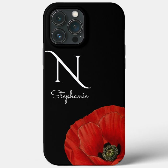 Chic Monogrammed Red Poppy on Black Case-Mate iPhone Case (Back)