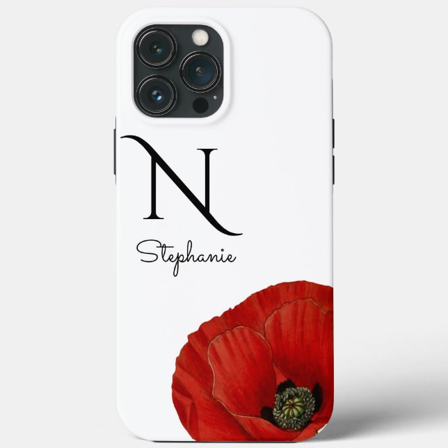 Chic Monogrammed Red Poppy on White Case-Mate  iPhone Case (Back)