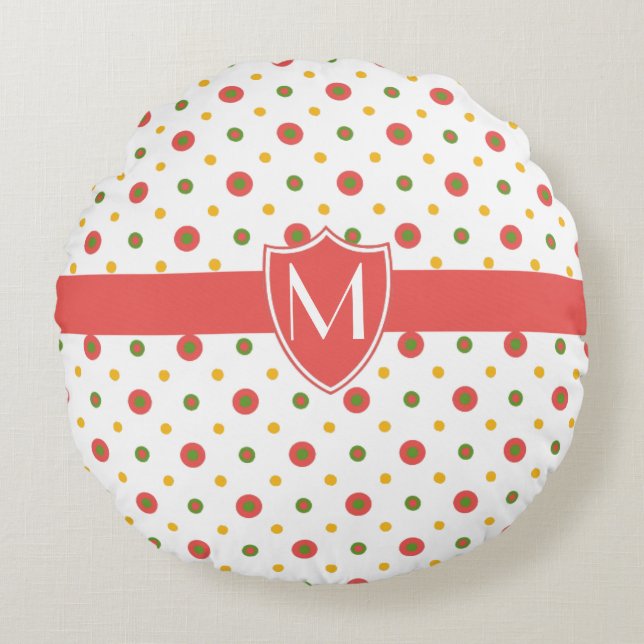 Chic Monogrammed Red White Polkas Round Pillow (Front)