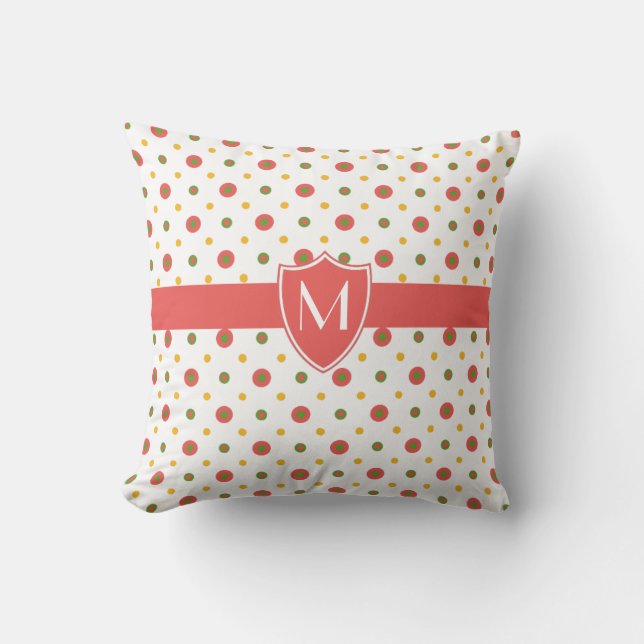 Chic Monogrammed Red White Polkas Throw Pillow (Front)