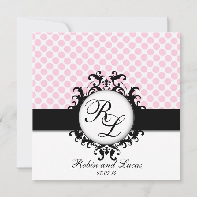 Chic Monograms Wedding Invite Pink Polka Dots (Front)