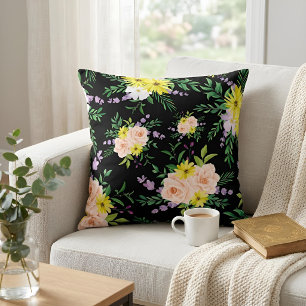 Chic Moody Floral Botanical Black Watercolor Rose Cushion