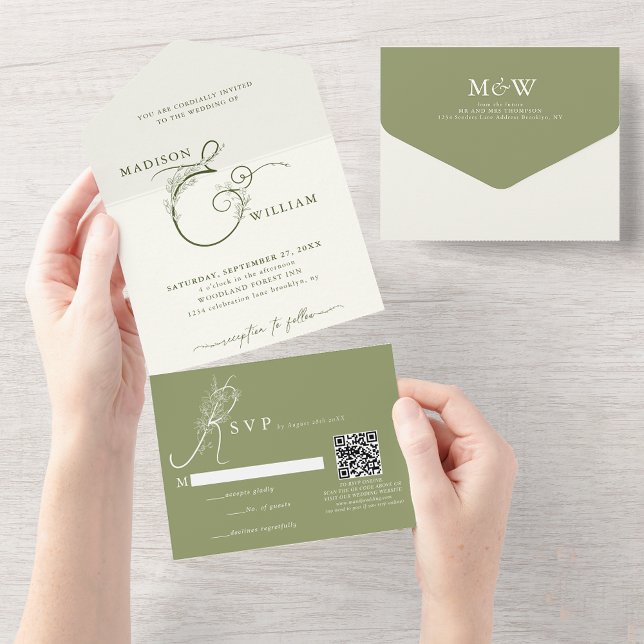 Chic Moss Green Floral Ampersand QR Code Wedding All In One Invitation (Creator Uploaded)