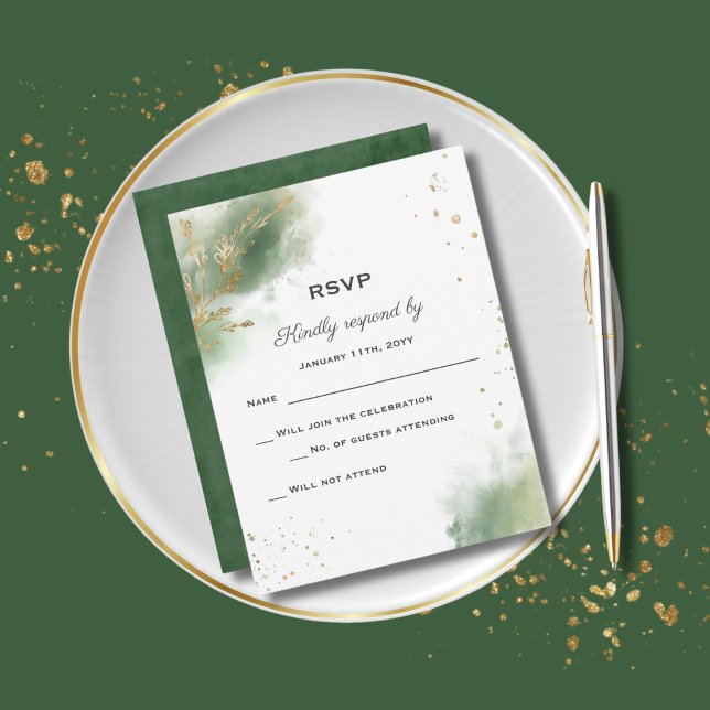 Chic Moss Green Gold Wedding RSVP Card (Creator Uploaded)