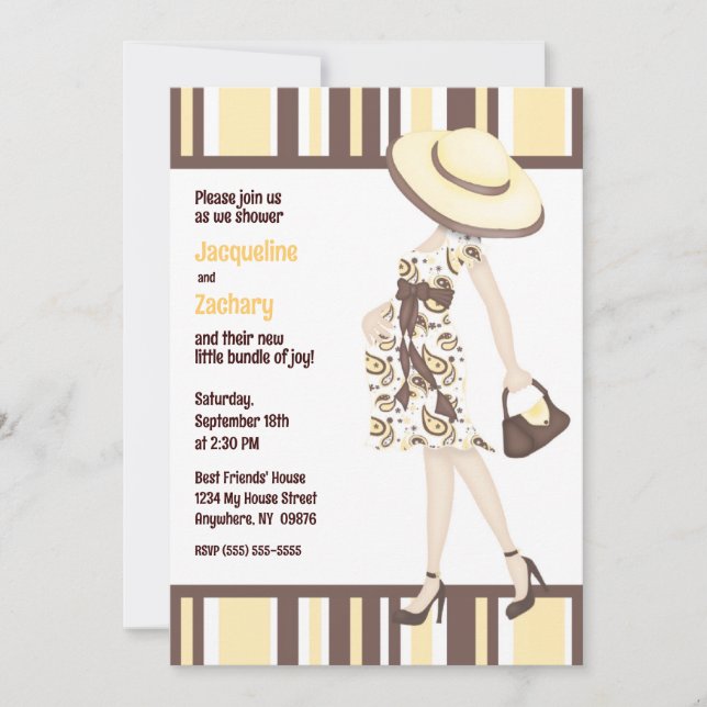 Chic Mum-to-Be Brown Yellow Striped Baby Shower Invitation (Front)