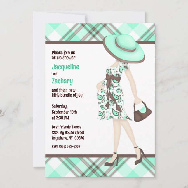 Chic Mum-to-Be Teal Green Brown Plaid Baby Shower Invitation (Front)