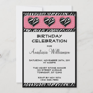 Chic My Heart Zebra Print Pink Birthday Invite