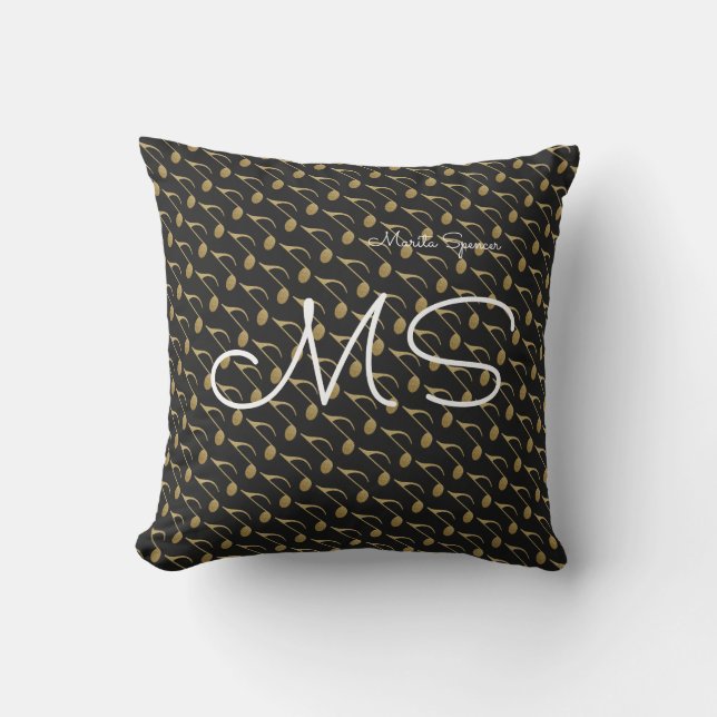 Chic Name & Initials with Music Notes Black Cushion (Front)