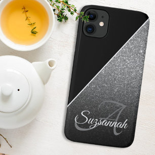 Chic Name Monogram Black Silver Glitter Ombre Case-Mate iPhone Case