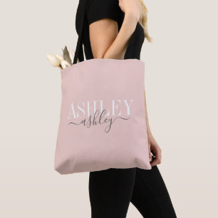 Chic Name Monogram Blush Pink Grey Elegant Tote Bag