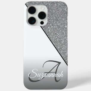 Chic Name Monogram Silver Glitter White Ombre iPhone 15 Pro Max Case