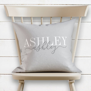Chic Name Monogram White Gray Elegant Cushion