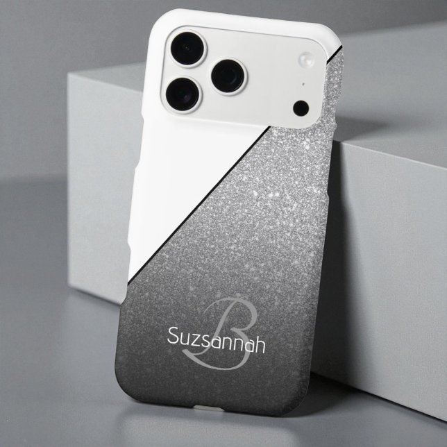 Chic Name Monogram White Silver Glitter Ombre (iPhone case back diagonal design of white and faux silver. Monogram initial and name template.)