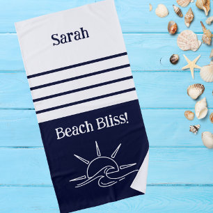 Chic Name Navy Blue Stripes Ocean Beach Towel