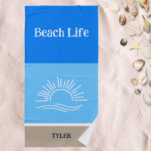 Chic Name Tan and Light Blue Stripes Sea  Beach Towel