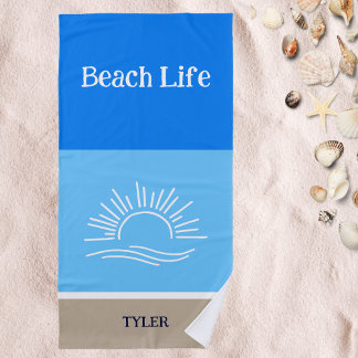 Chic Name Tan and Light Blue Stripes Sea  Beach Towel