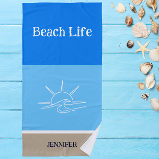 Chic Name Tan White and Blue Stripes  Beach Towel
