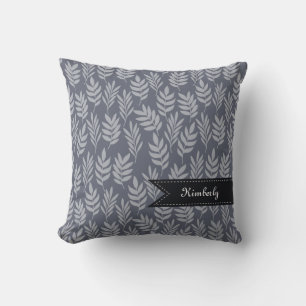 Chic Name With Elegant Slate Grey Leaves Pattern Cushion