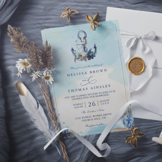 Chic Nautical Anchor Beach Modern Elegant Wedding Invitation (Creator Uploaded)