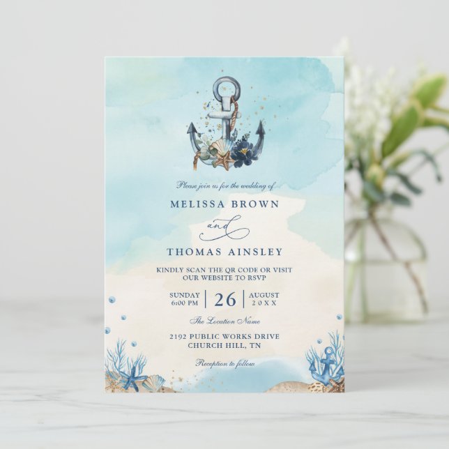Chic Nautical Anchor Beach Modern QR Code Wedding  Invitation (Standing Front)