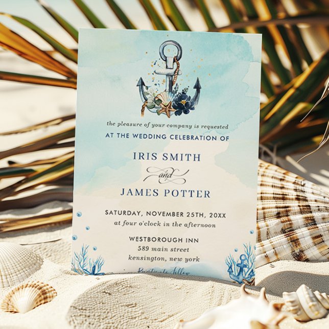 Chic Nautical Anchor Beach Modern Wedding Invitation (nautical anchor beach destination wedding printed invitation cards blue ocean sand seashore)
