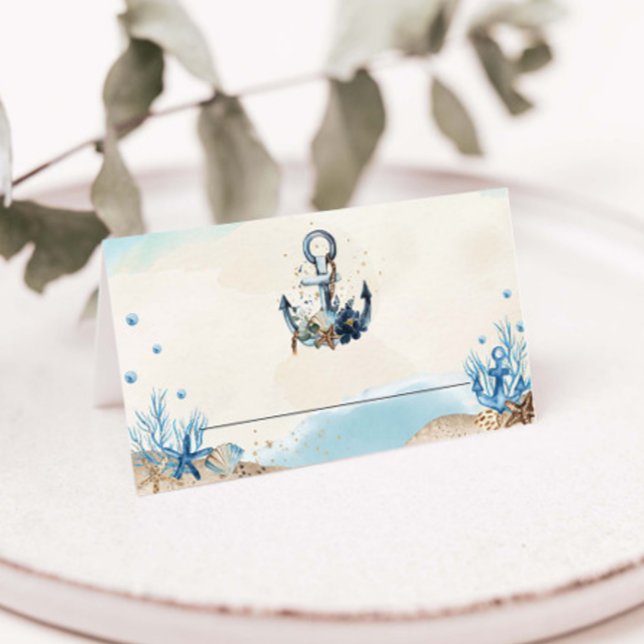 Chic Nautical Anchor Beach Modern Wedding Place Card (nautical beach wedding guest name tabletop folded tent place cards blue anchor floral oceanfront  )