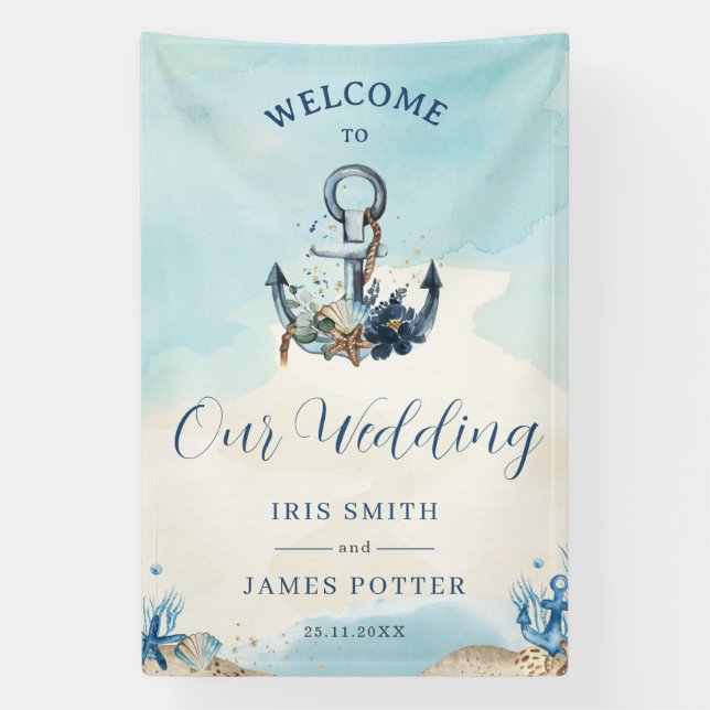 Chic Nautical Anchor Beach Modern Wedding Welcome Banner (Vertical)