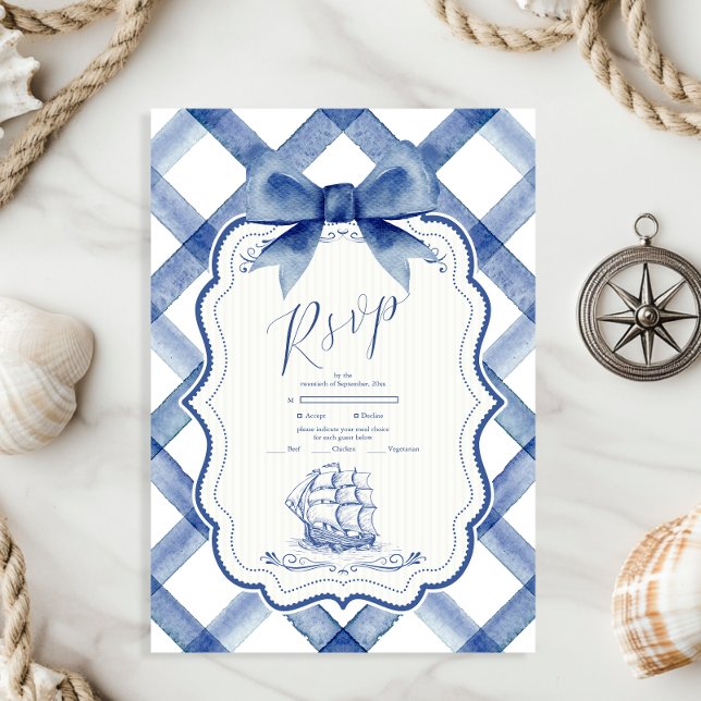 Chic Nautical Navy Blue Bow Wedding RSVP Card (Creator Uploaded)
