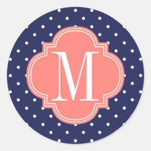 Chic Nautical Navy Polka Dots Coral Personalised Classic Round Sticker