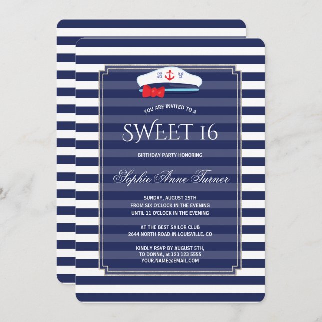 Chic Nautical Navy Stripes Silver Sweet 16 Party Invitation (Front/Back)