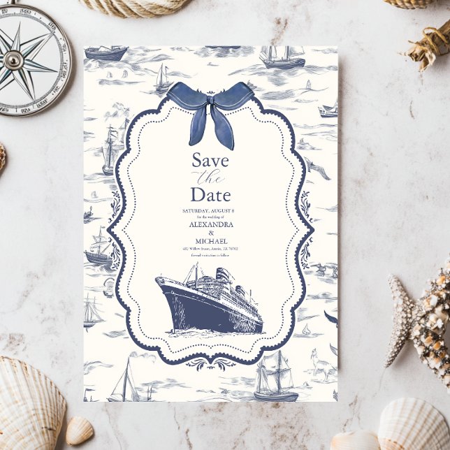 Chic Nautical Toile de Jouy Bow Wedding Save The Date (Creator Uploaded)