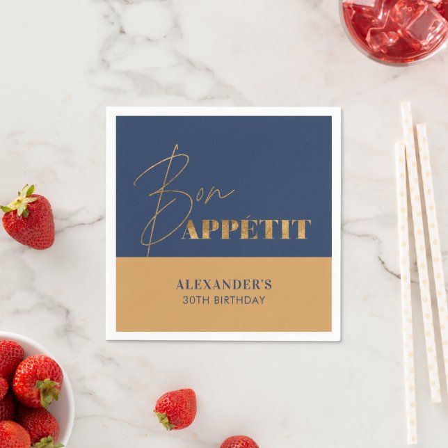 Chic Navy and Gold Bon Appétit Script Birthday  Napkin (Insitu)