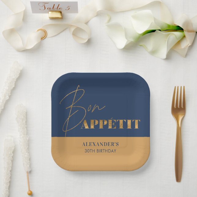 Chic Navy and Gold Bon Appétit Script Birthday  Paper Plate (Wedding)
