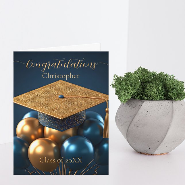 Chic Navy and Gold Graduation Cap and Balloons Card (Creator Uploaded)