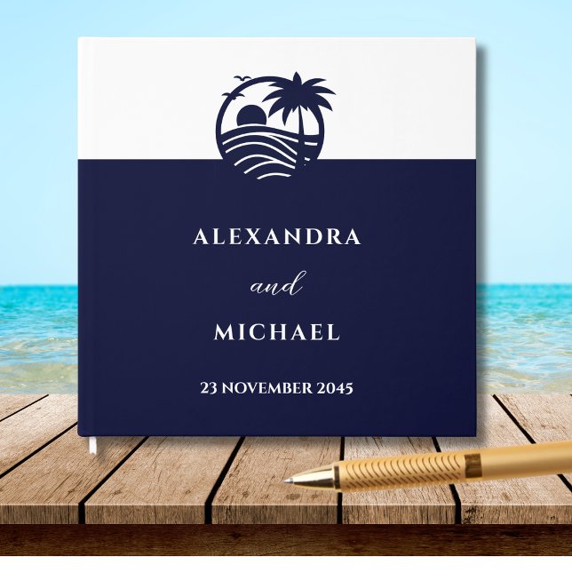 Chic Navy and White Palm Tree Coastal Wedding Guest Book (Creator Uploaded)