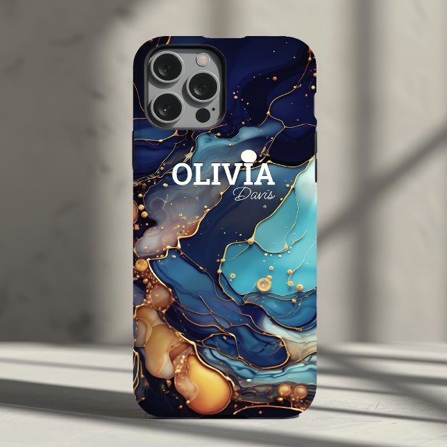 Chic navy aqua orange marble faux glitter monogram Case-Mate iPhone case (Creator Uploaded)