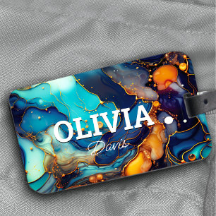 Chic navy aqua orange marble faux glitter monogram luggage tag