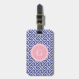 Chic navy blue abstract geometric pattern monogram luggage tag