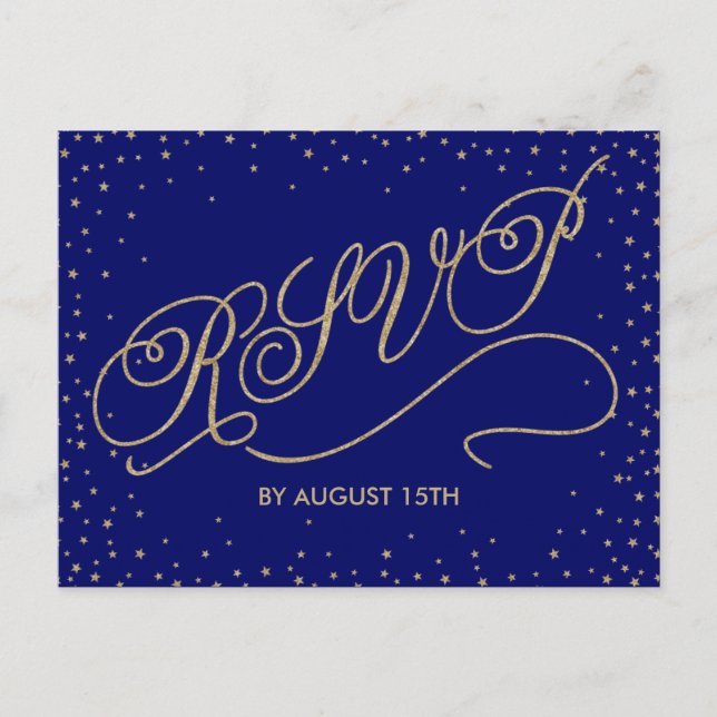 Chic Navy Blue and Gold Stars RSVP Postcard (Front)