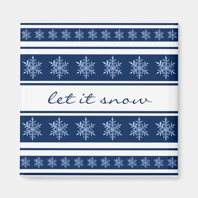 Chic Navy Blue and White Striped Snowflake Magnet (Front)