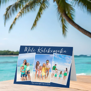 Chic Navy Blue Beach Photo Collage Christmas Holiday Card