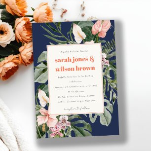 Chic Navy Blue Blush Boho Tropical Floral Wedding Invitation