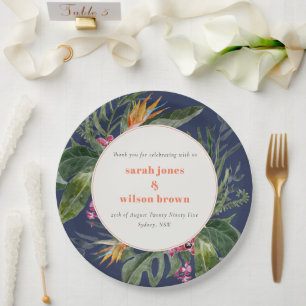 Chic Navy Blue Blush Boho Tropical Floral Wedding Paper Plate
