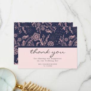 Chic Navy Blue Blush Pink Floral Pattern Wedding Thank You Card